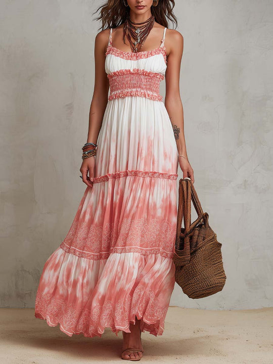 Bohemian Ombré Print Smocked Maxi Dress