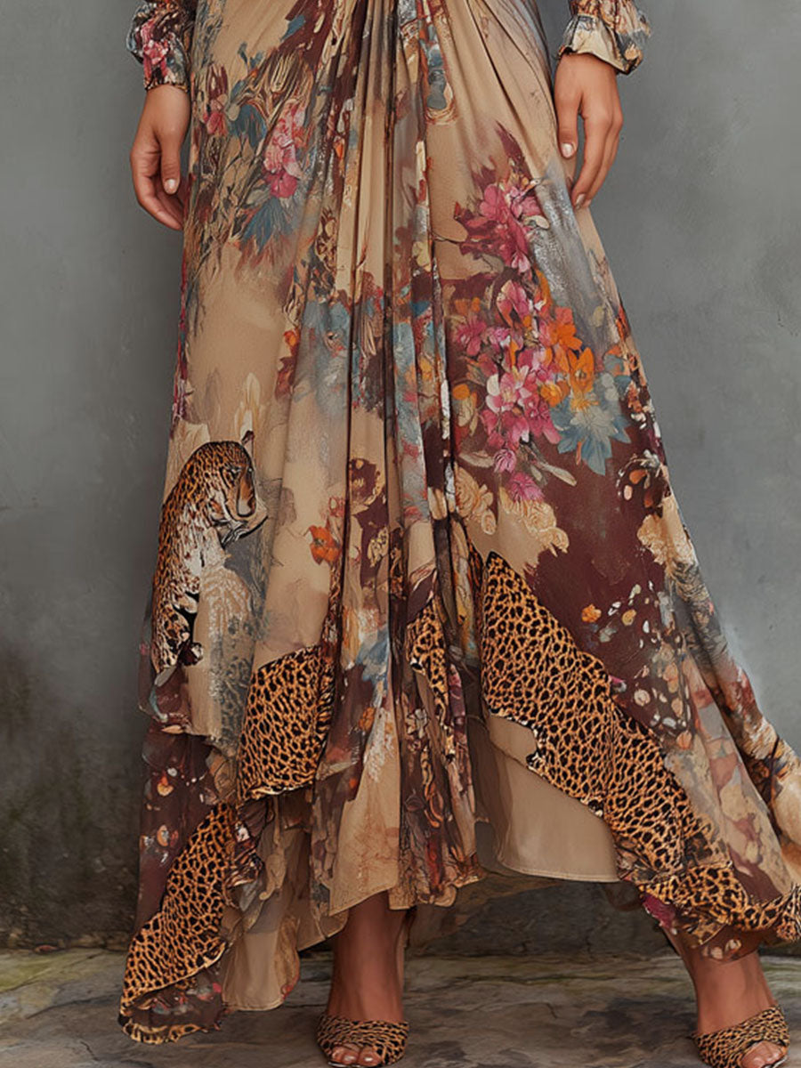 Romantic Flow Bohemian Leopard & Floral Chiffon Maxi Dress