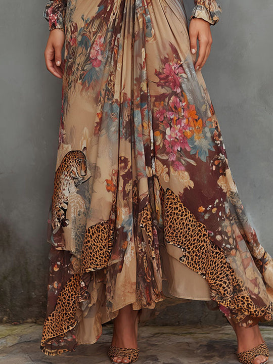 Romantic Flow Bohemian Leopard & Floral Chiffon Maxi Dress