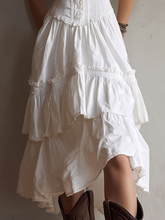 Retro Boho White Corset Tiered Midi Dress With Lace-Trim