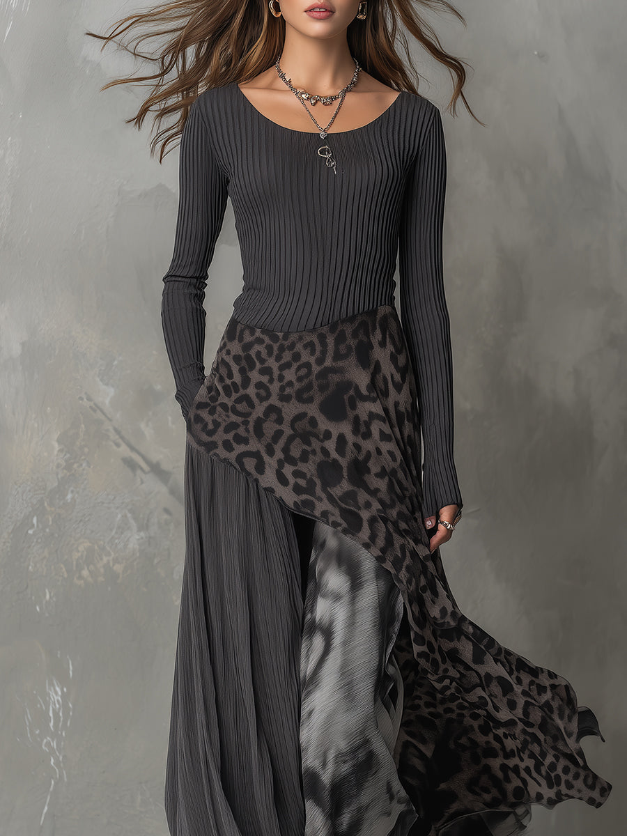 Bohemian Pit Stripe Leopard Print Splicing Irregular Hem Maxi Dress