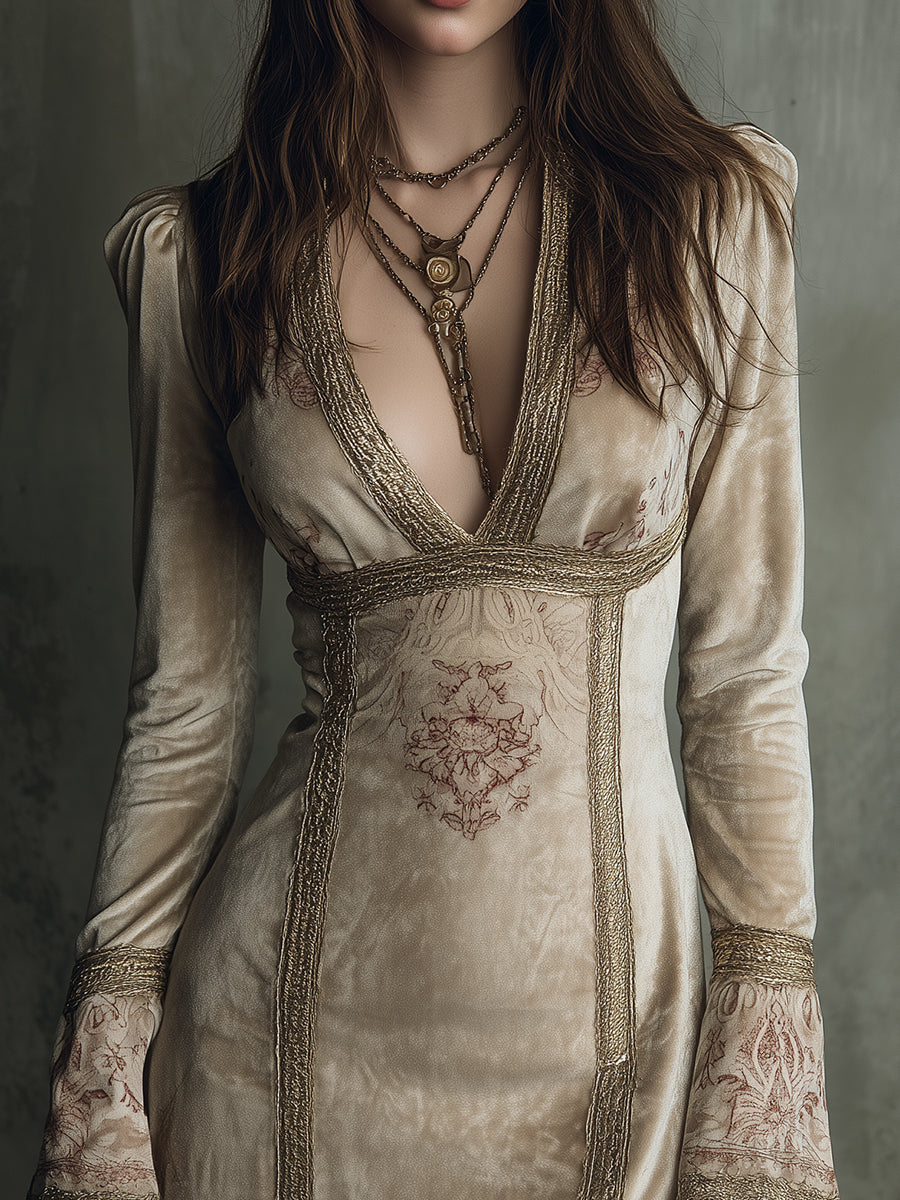 Retro Totem Webbing Spliced polyester Velvet Mini Dress