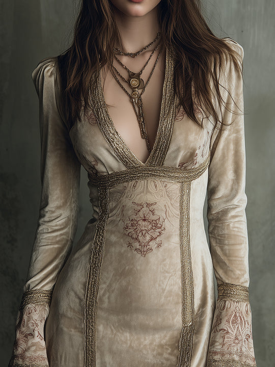 Retro Totem Webbing Spliced polyester Velvet Mini Dress