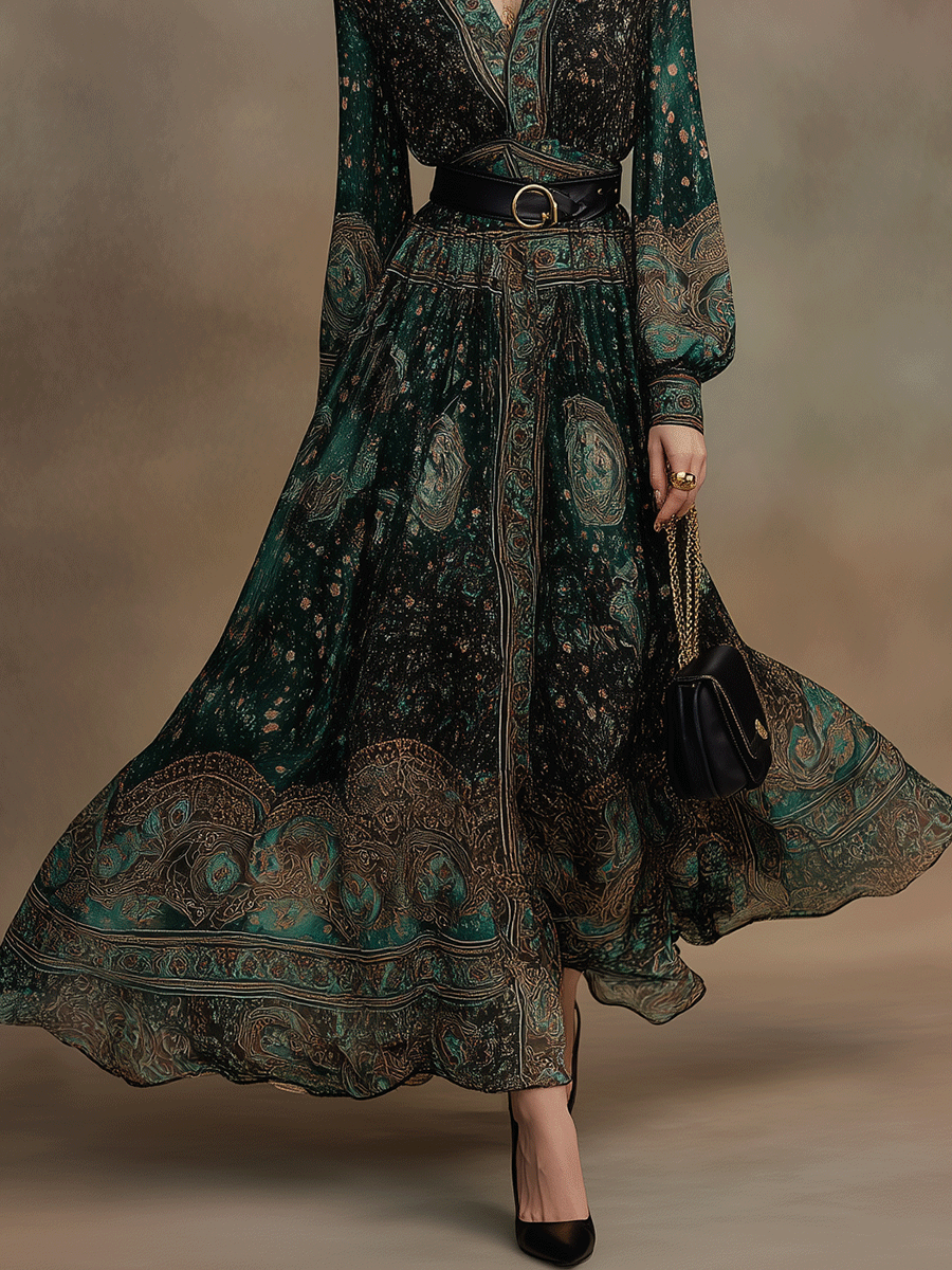 Vintage Bohemian Emerald Boho Paisley Maxi Dress