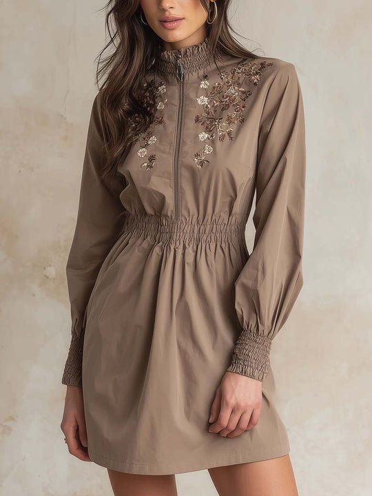 Embroidered High-Neck Zip Mini Dress