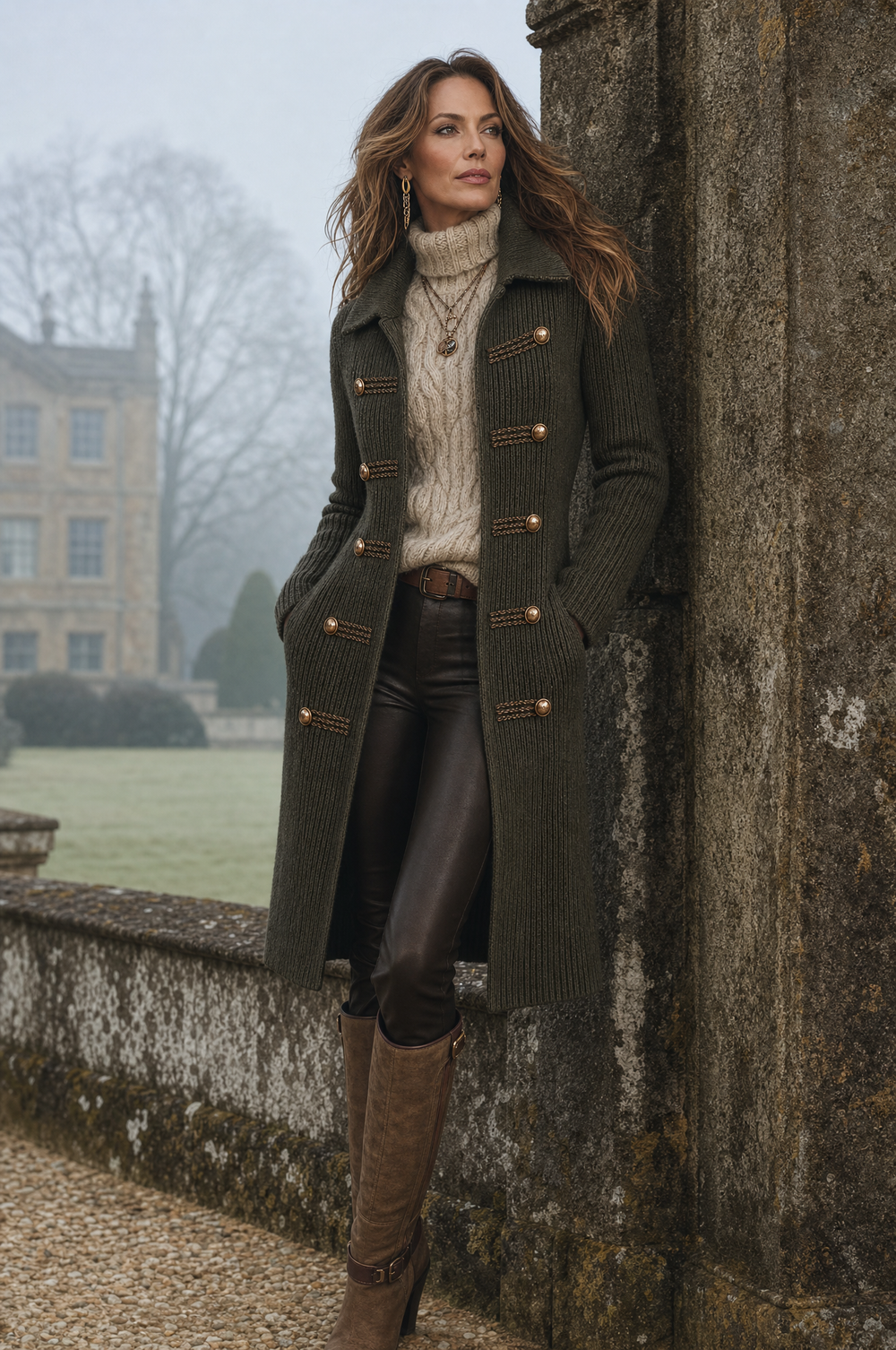 Military Style Ribbed Knit Longline Cardigan With Braided Button Trim