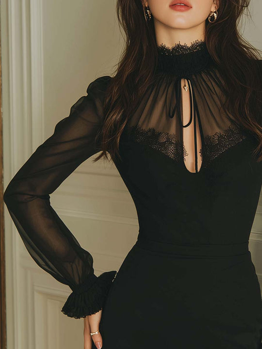 Retro Sheer Sleeves Mini Dress