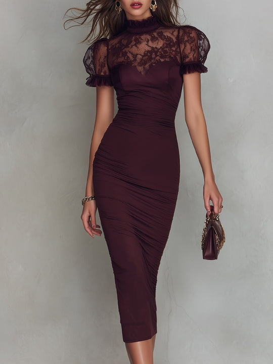 Elegant Stand Collar Lace Splicing Slim Fit Midi Dress