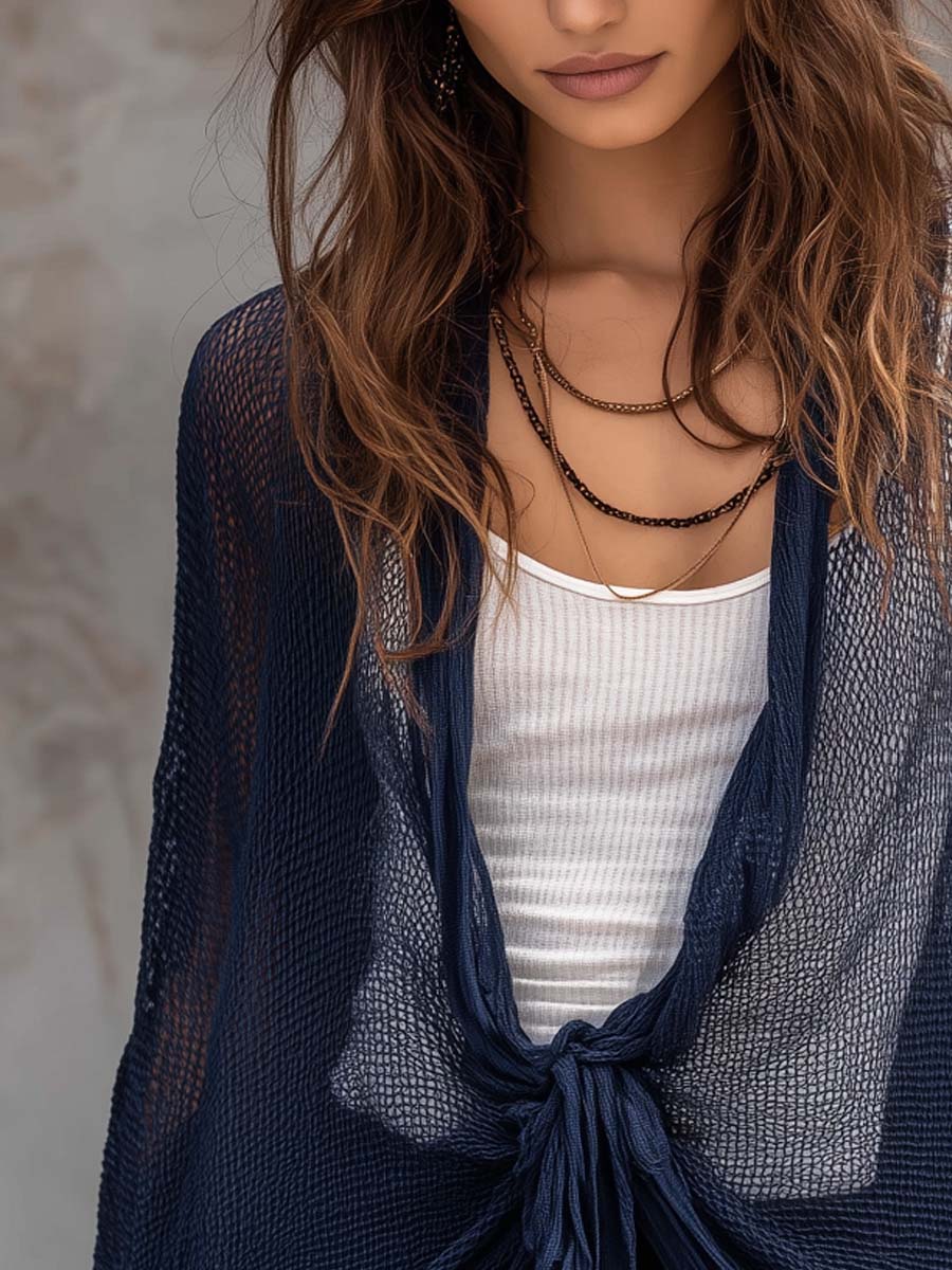 Vintage Sheer Knit Blouse With Three-quarter Sleeves