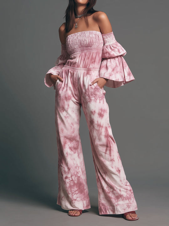 Boho Rose Tie-Dye Off-Shoulder Smocked Jumpsuit With Flared Sleeve