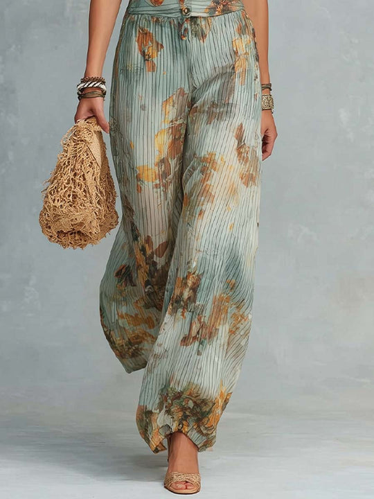 Boho Vintage Sage Floral Cotton-Linen Jumpsuit