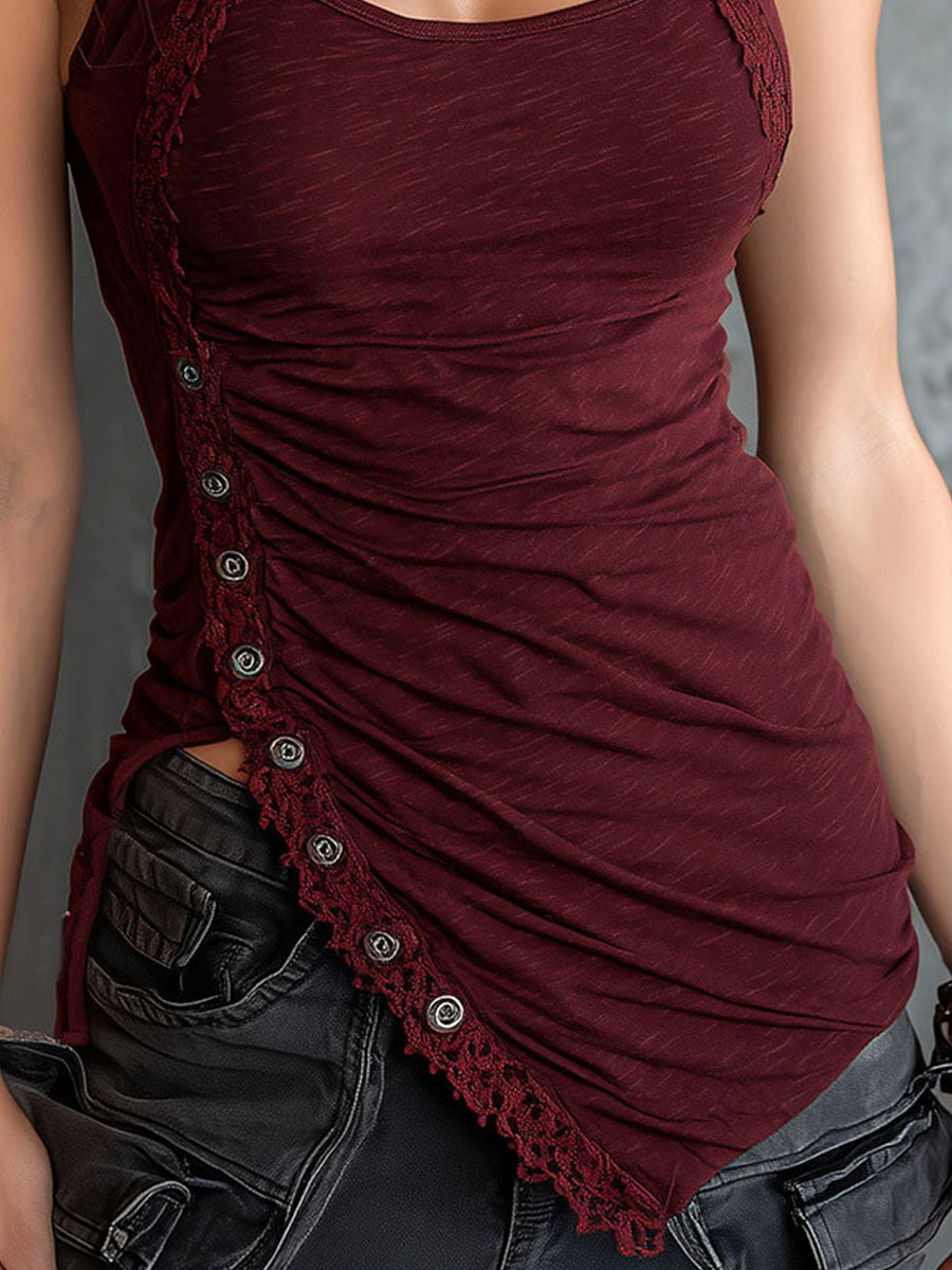 Asymmetric Button Burgundy Lace Halter Tank Top