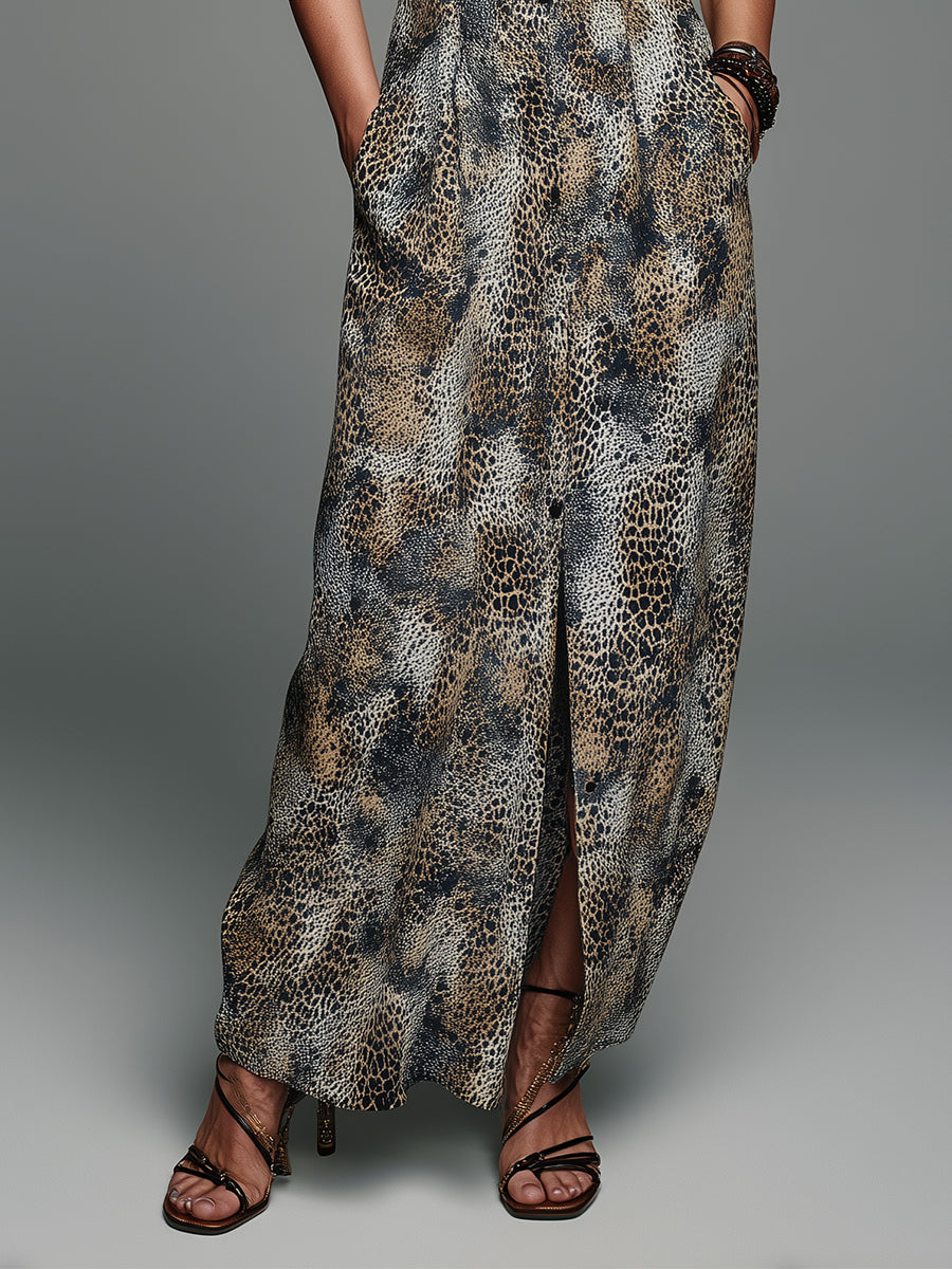 Bohemian Leopard Print Shirt Collar Split Maxi Dress