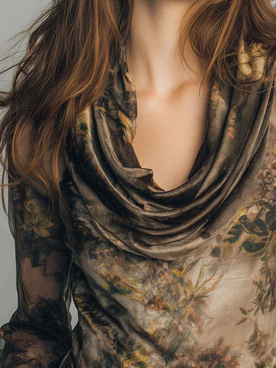 Sheer Floral Mesh Cowl-Neck Blouse With Soft Draping And Ruffled Sleeves