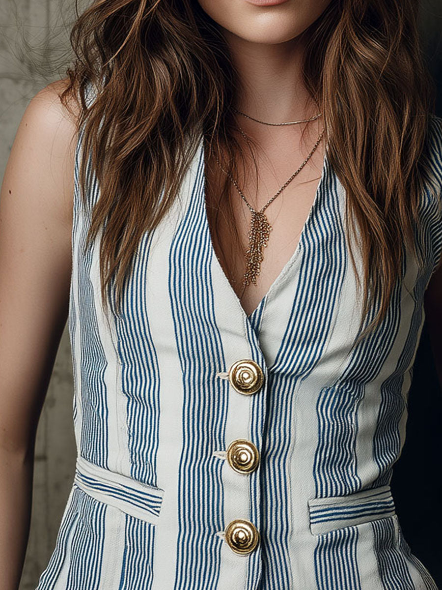 Retro Boho Blue & White Striped Fitted Vest