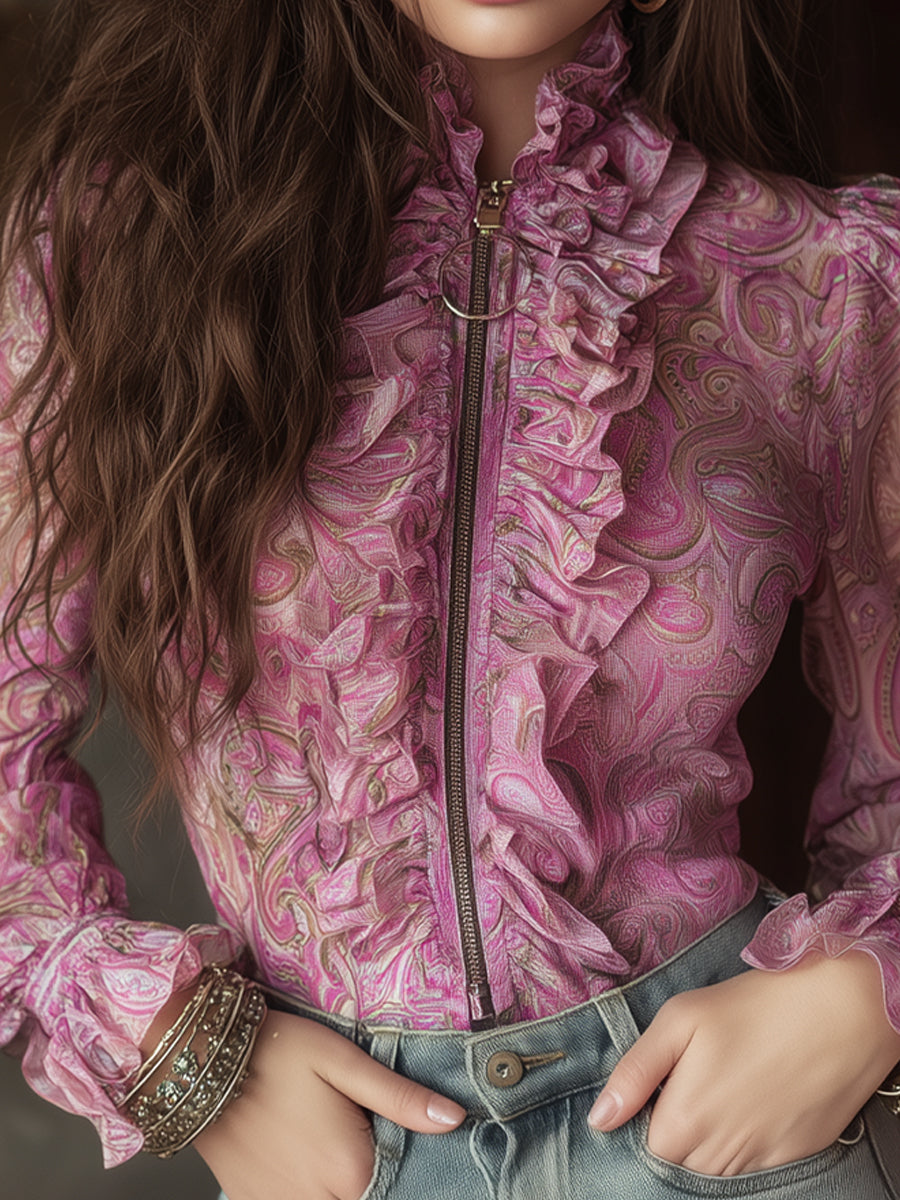 Bohemian Paisley Print Blouse With Ruffled Placket And Front Zipper