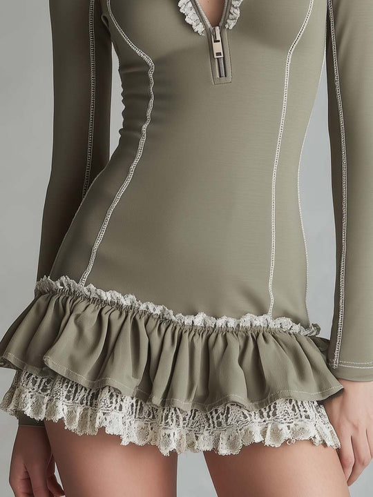 Ruffled Lace-Trim Zip-Front Mini Dress