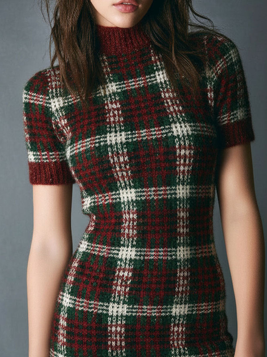 Vintage Burgundy And Forest Green Check Pattern Knit Mini Dress