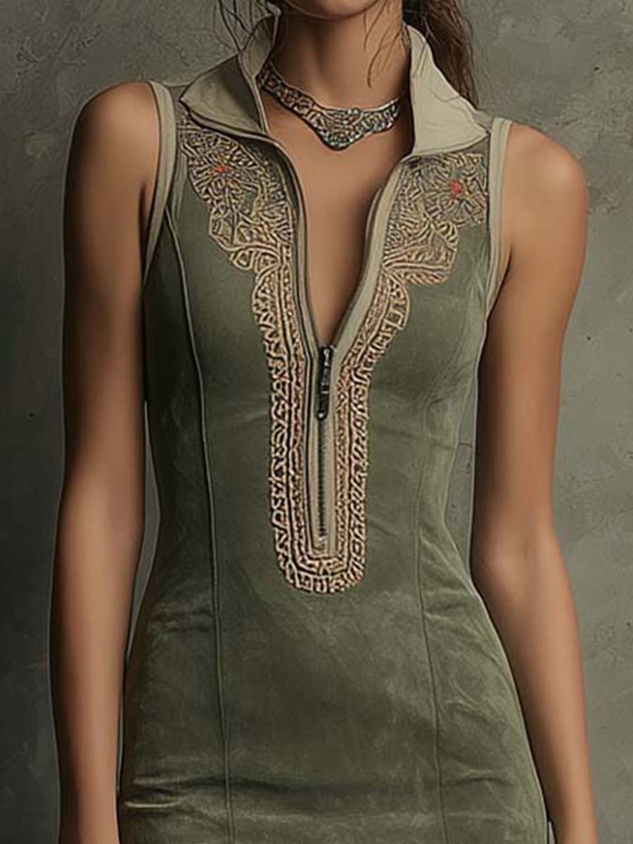 Embroidered Fringe-Hem Sleeveless Midi Dress