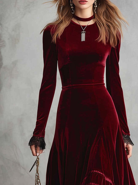Vintage Lace Trim Flare Hem Polyester Velvet Midi Dress