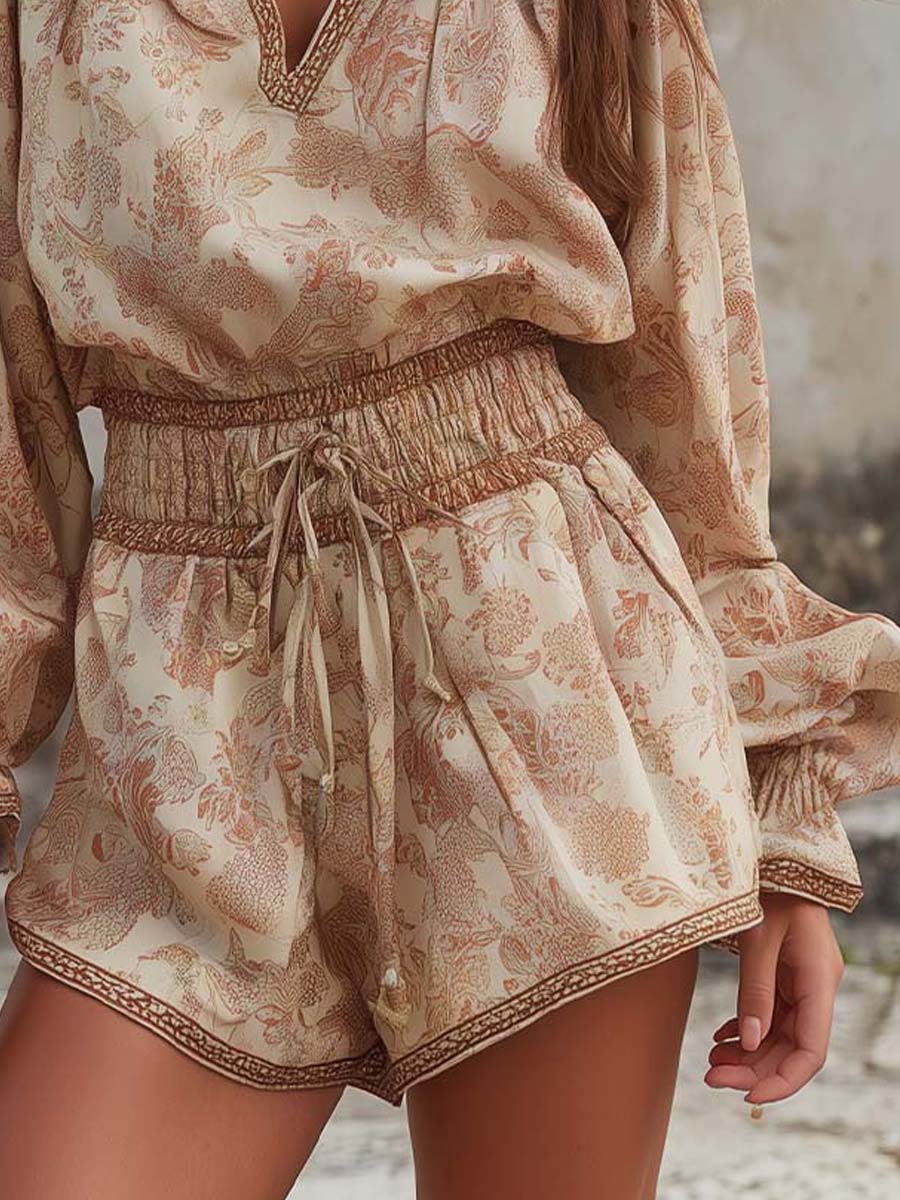 Bohemian Halter Leaf Print Striped Wide Leg Jumpsuit