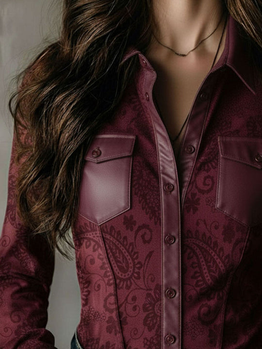 Western Charm Burgundy Paisley Embossed Blouse