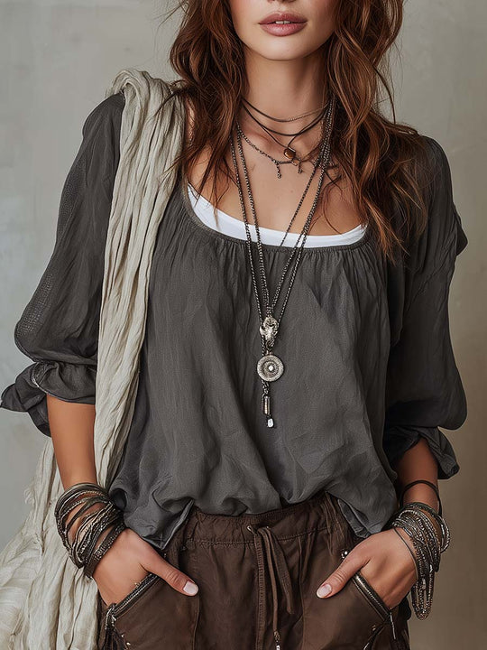 Retro Contrasting Collar Flared Cuffs Cotton Linen Blouse