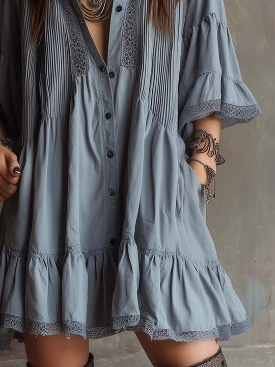 Retro Striped Lace Trim Short-sleeved Mini Dress