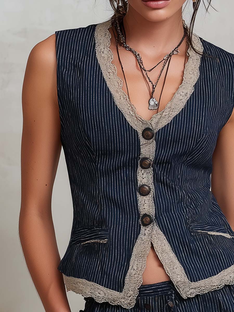 Retro Striped Vest And Shorts Set