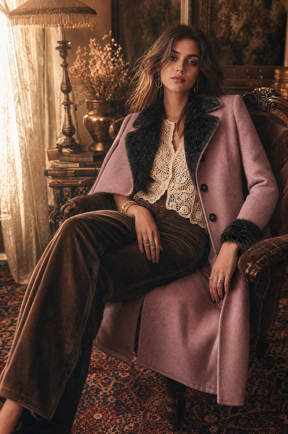 Vintage-style Slim-fit Mid-length Wool-blend Coat With Plush Trim