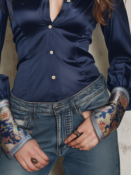 Retro Oil Painting Style Floral Print Satin Blouse