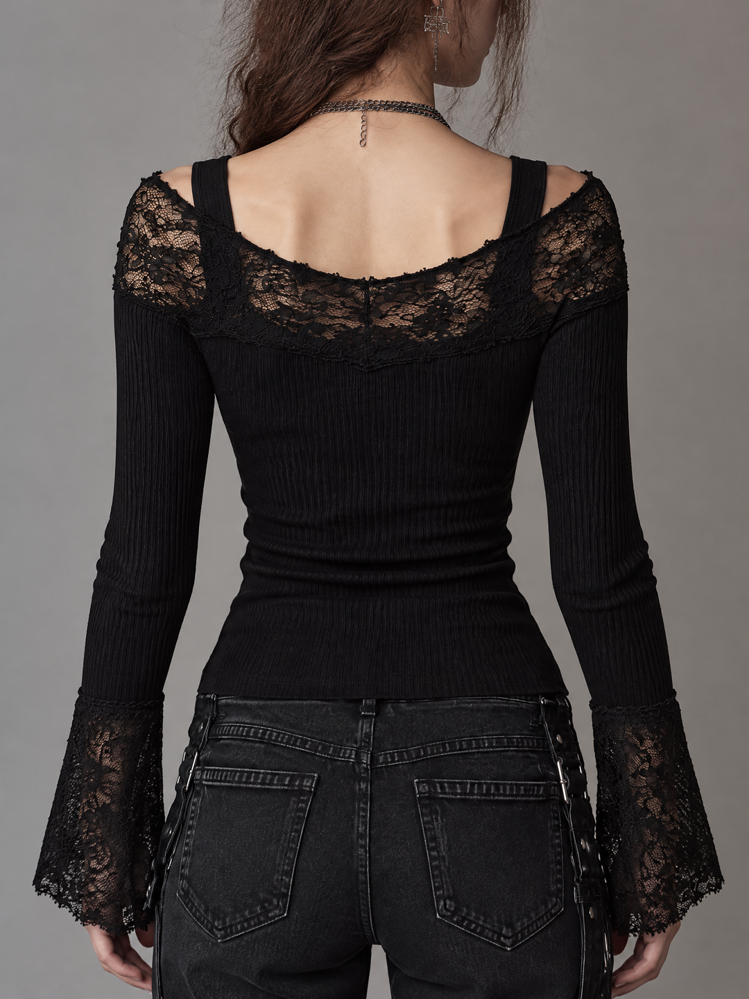 Gothic Lace Trim Cold Shoulder Long Sleeve Top with Fingerless Glove Cuffs