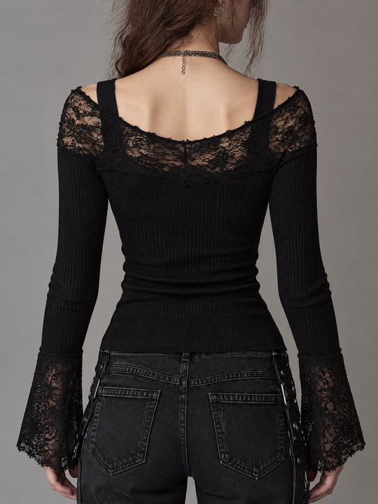 Gothic Lace Trim Cold Shoulder Long Sleeve Top with Fingerless Glove Cuffs
