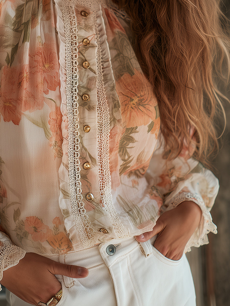 Romantic Bohemian Chiffon Printed Lace Blouse