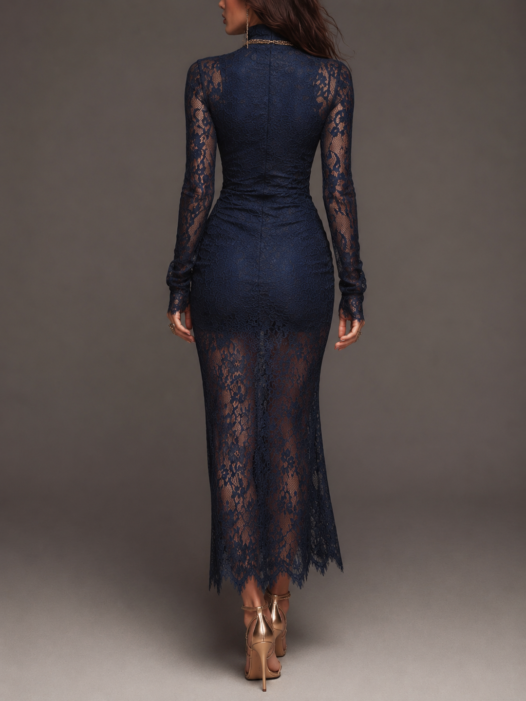 Romantic Bohemian High Neck Long Sleeve Ruched Side High Slit Scalloped Floral Lace Midi Bodycon Dress