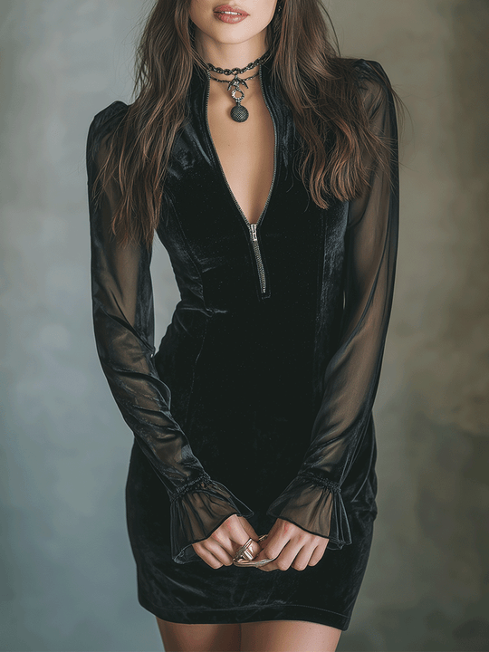 Elegant Black Velvet Sheer-Sleeve Zip-Front Bodycon Mini Dress