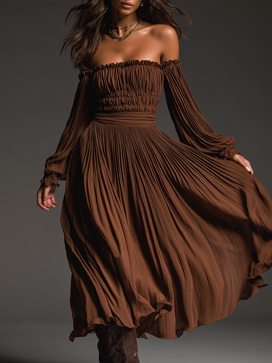 Retro One-shoulder Holiday Pleated Chiffon Midi Dress