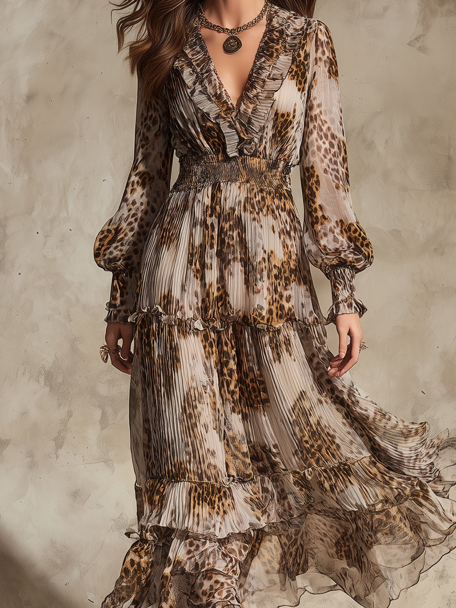 Vintage Leopard Print Ruffled Neckline Pleated Chiffon Maxi Dress
