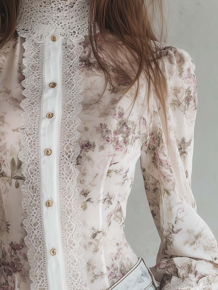 Victorian Style Floral Chiffon Blouse
