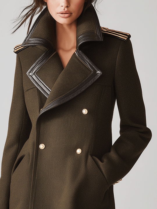 Elegant Olive Green Military-Style Gold Buttons And A Leather Lapel Coat