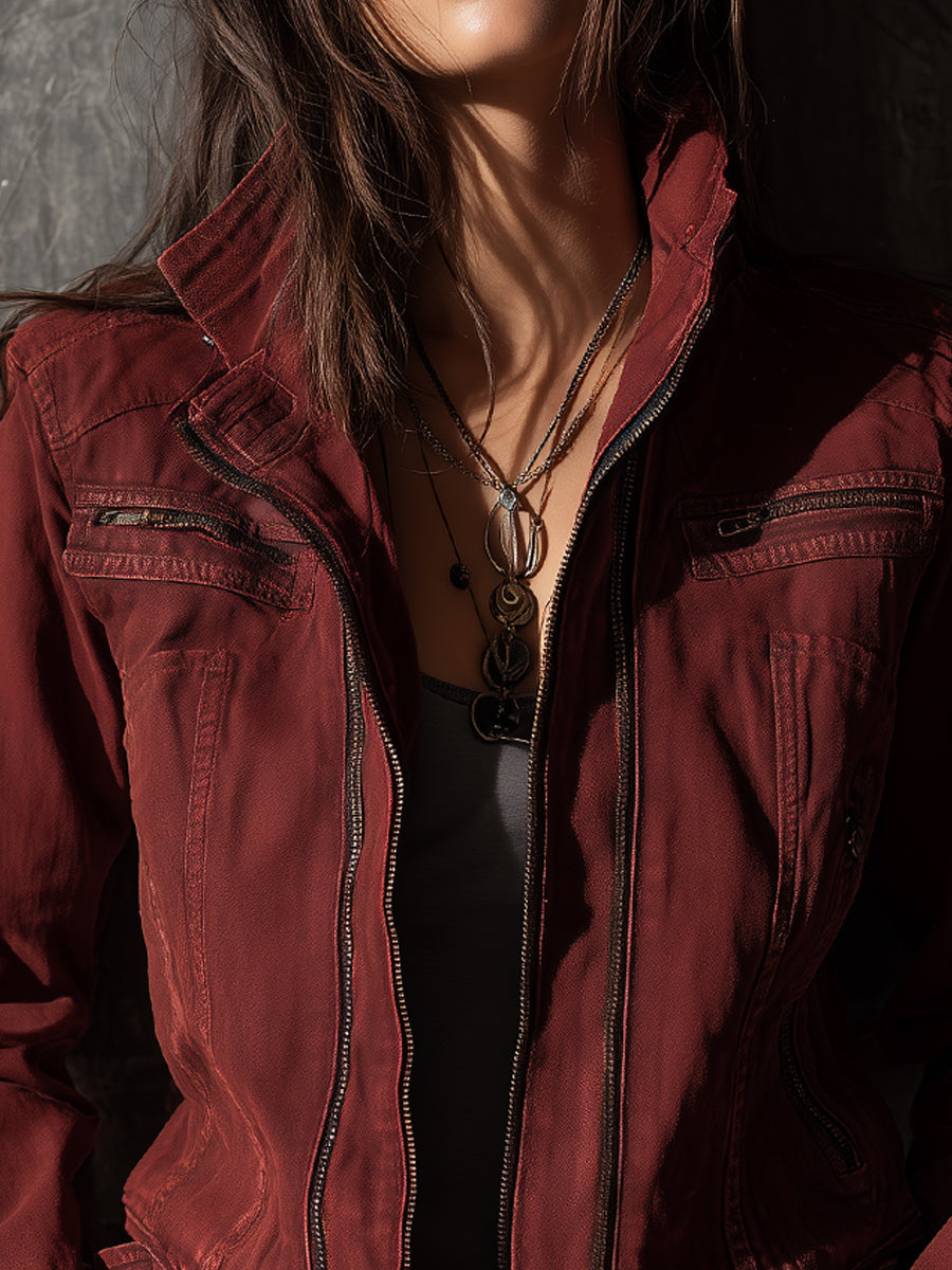 Bohemian Washed Denim Jacket With Stand Collar And Front Zip