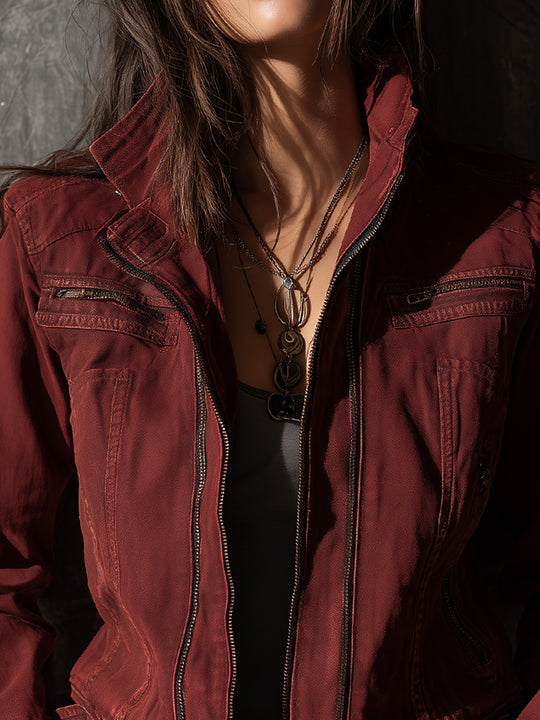 Bohemian Washed Denim Jacket With Stand Collar And Front Zip