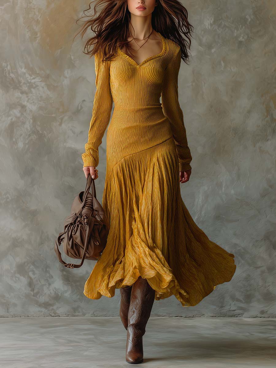 Ribbed Knit Dress With Pleated Flowing Skirt