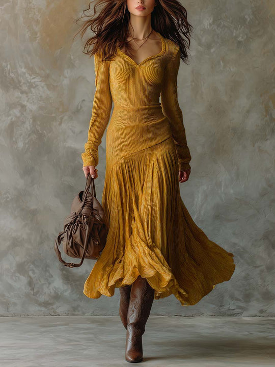 Ribbed Knit Dress With Pleated Flowing Skirt