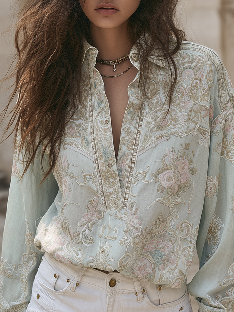 Bohemian Paisley Print Half-buttoned Cotton Blend Blouse