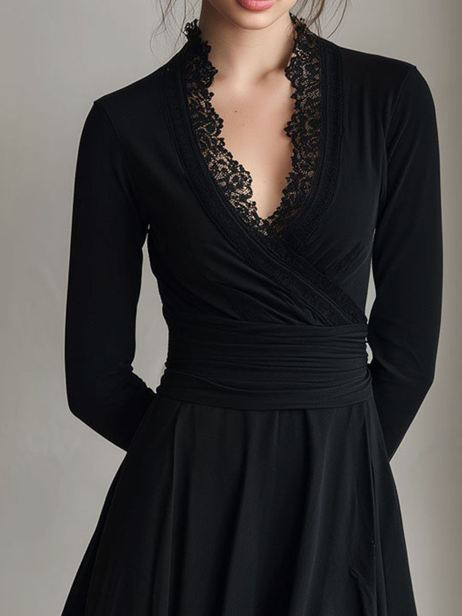 Elegant Black Lace-Trim Long Sleeve Fit-and-Flare Wrap Dress