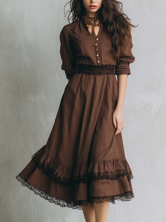 Retro Cotton Linen Color-blocked Lace-trimmed Midi Dress