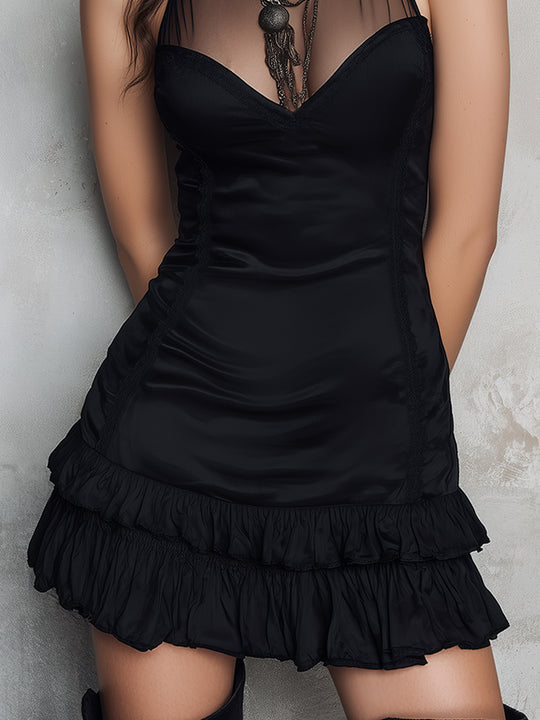 Elegant Mesh And Satin Mini Dress With Double-layered Ruffles