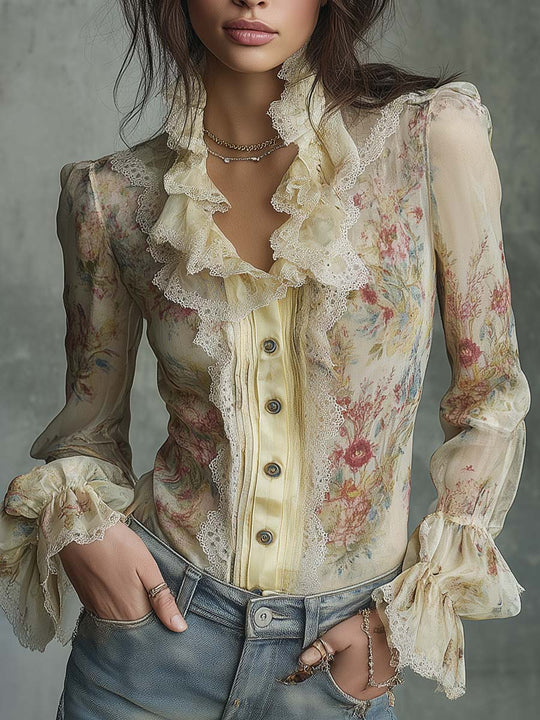 Vintage Oil Painting Lace And Floral Chiffon Blouse