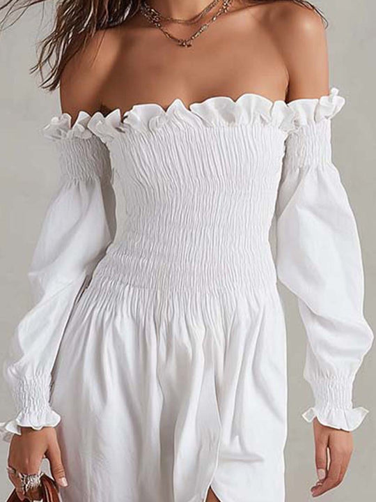 Off-Shoulder Shirred Midi Dress